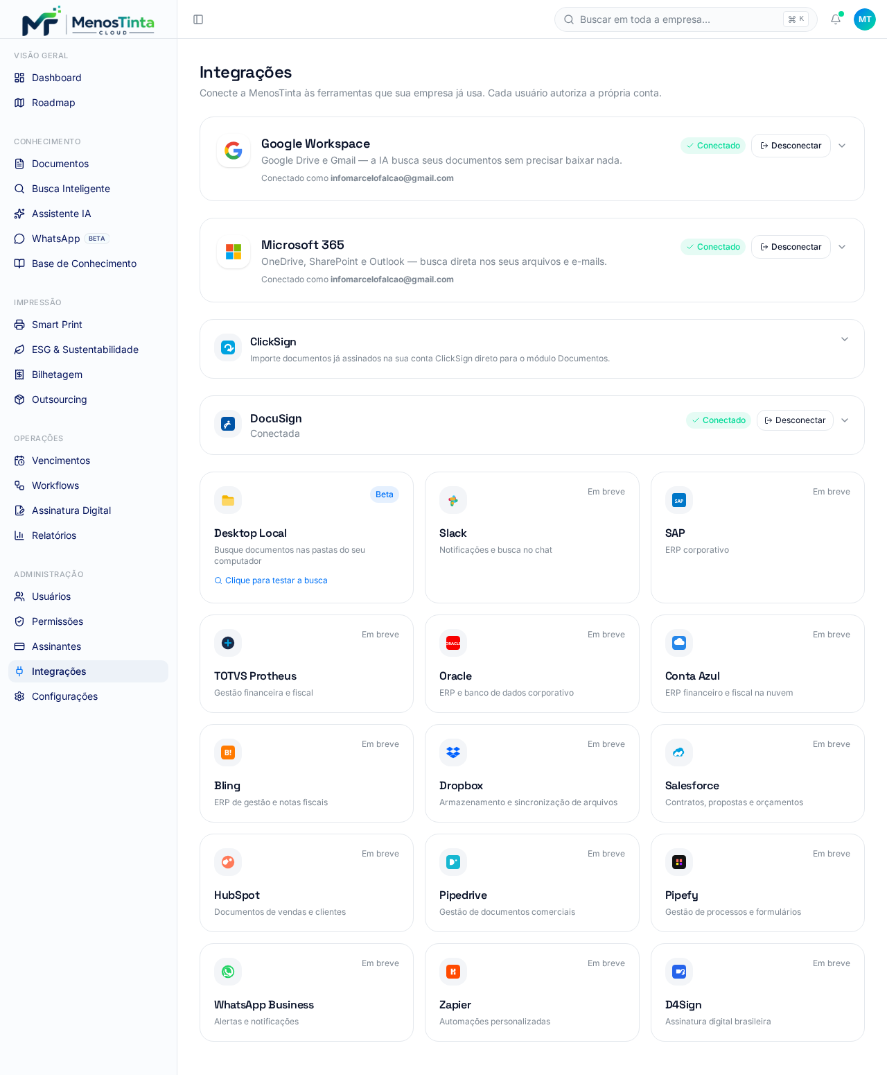 Tela de Integrações da MenosTinta com Google, Microsoft, DocuSign e ERPs conectados